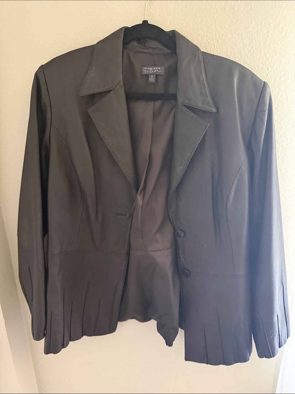 Classiques Entier Dark Brown Leather Blazer with Pleated Hem